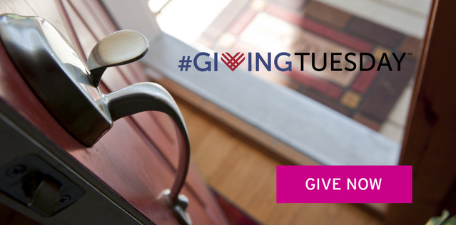 A door stands open with a welcome mat in the background. The Giving Tuesday logo and a Donate Now button are superimposed over it.